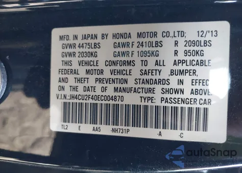 2014 Acura Tsx 2.4 из США, поврежденный, VIN JH4CU2F40EC004870